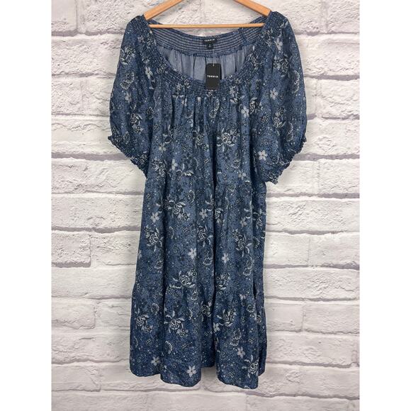 NWT Torrid Womens 2X Chambray Smocked Puff Sleeve Boho Cottagecore Mini Dress - Picture 3 of 13